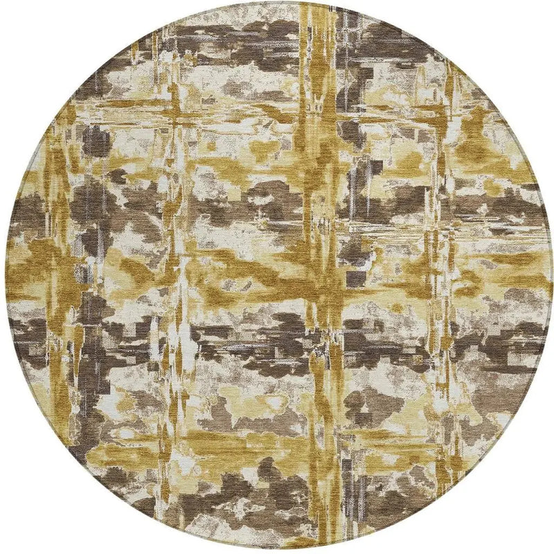 8' Gold And Coffee Round Abstract Washable Indoor Outdoor Area Rug Homeroots Outdoor