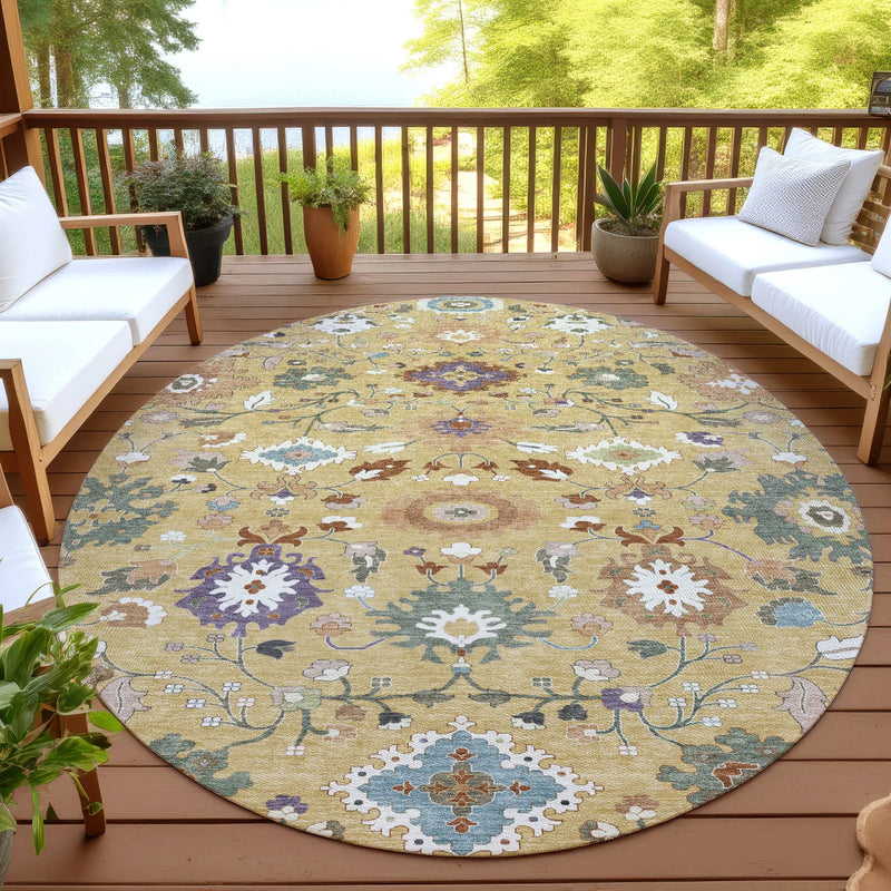 8' Gold And Copper Round Floral Medallion Washable Indoor Outdoor Area Rug Homeroots Outdoor