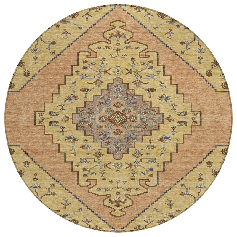 8' Gold And Copper Round Geometric Washable Indoor Outdoor Area Rug Homeroots Outdoor