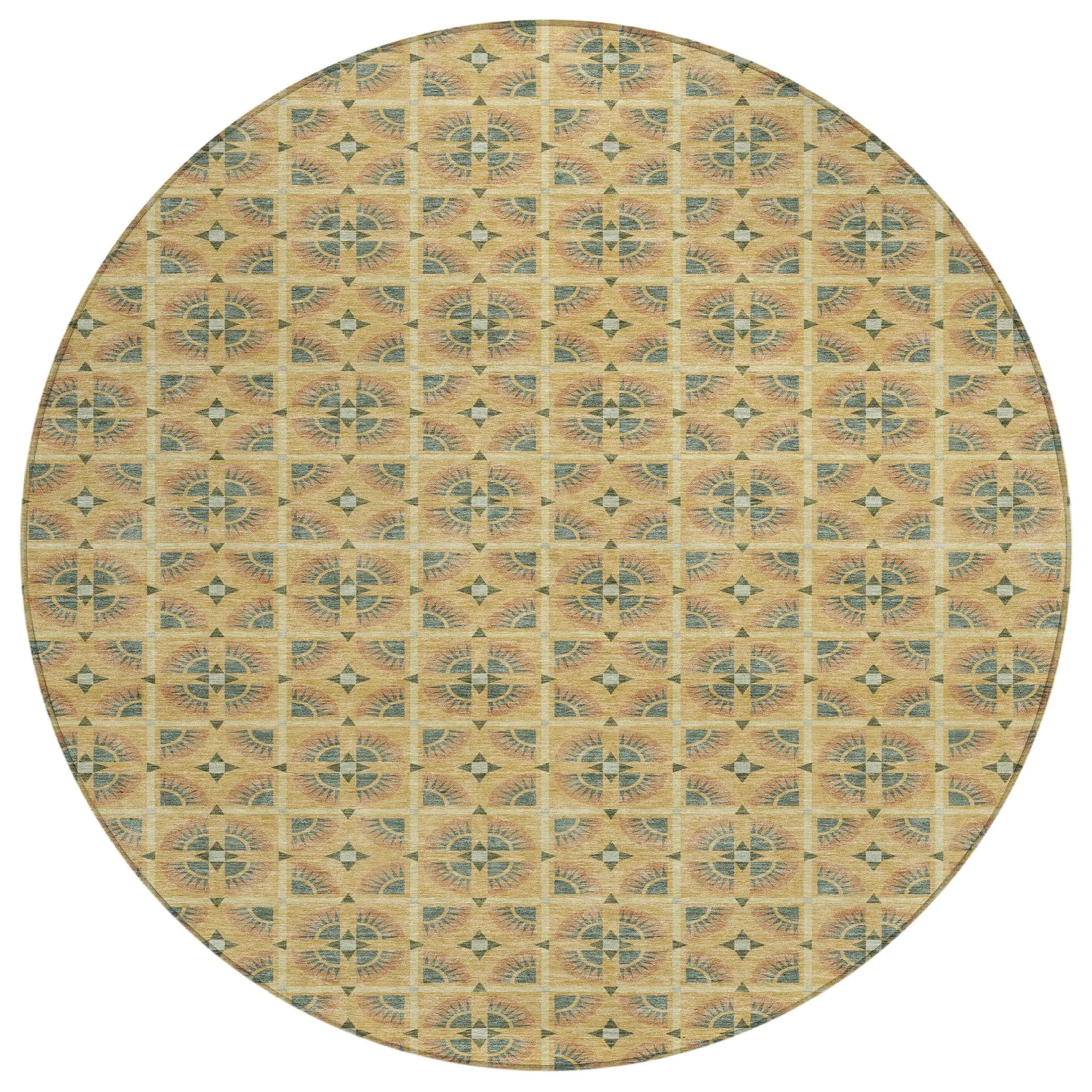 8' Gold And Copper Round Geometric Washable Indoor Outdoor Area Rug Homeroots Outdoor