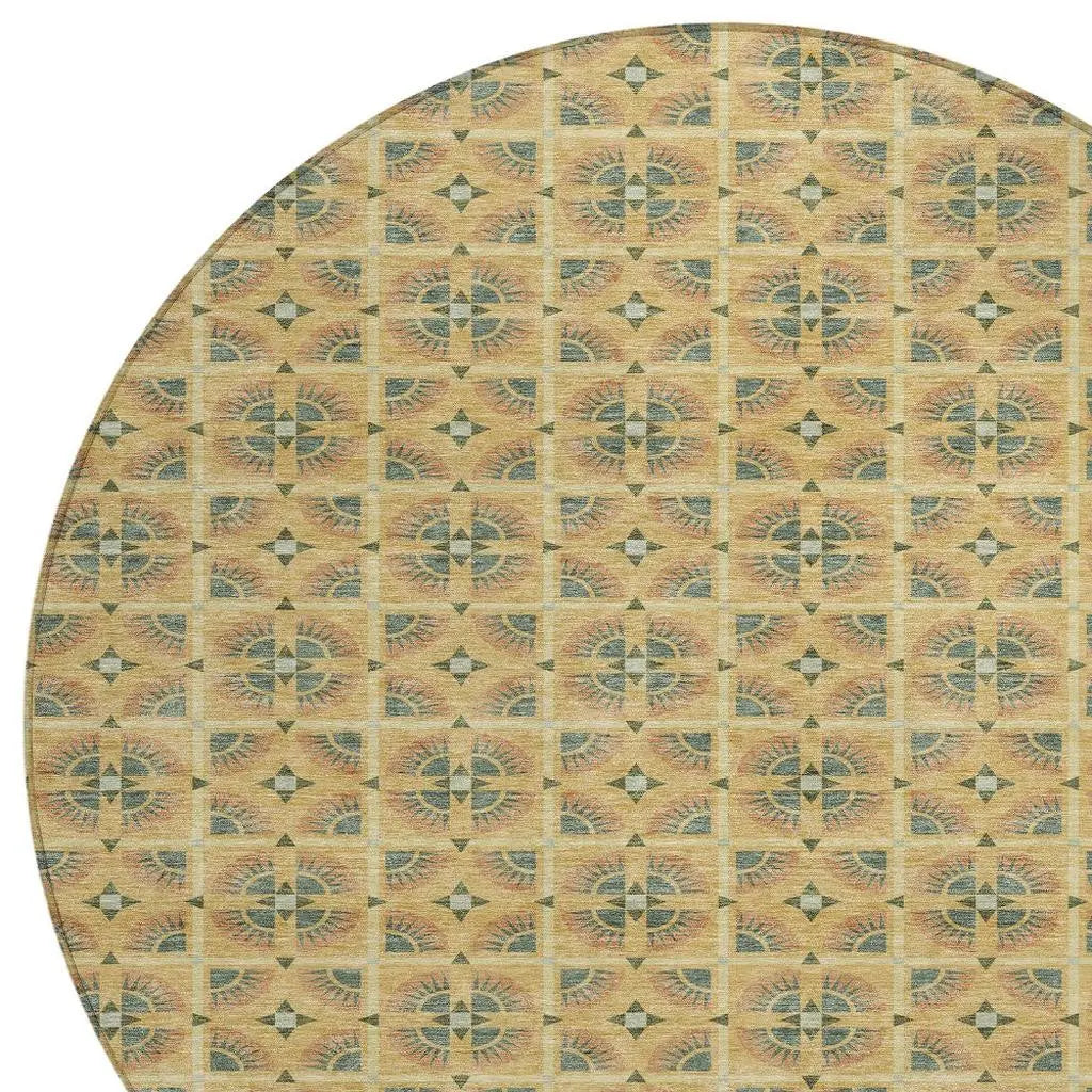 8' Gold And Copper Round Geometric Washable Indoor Outdoor Area Rug Homeroots Outdoor