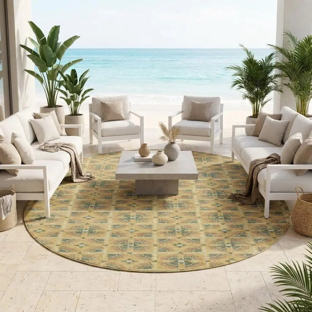 8' Gold And Copper Round Geometric Washable Indoor Outdoor Area Rug Homeroots Outdoor