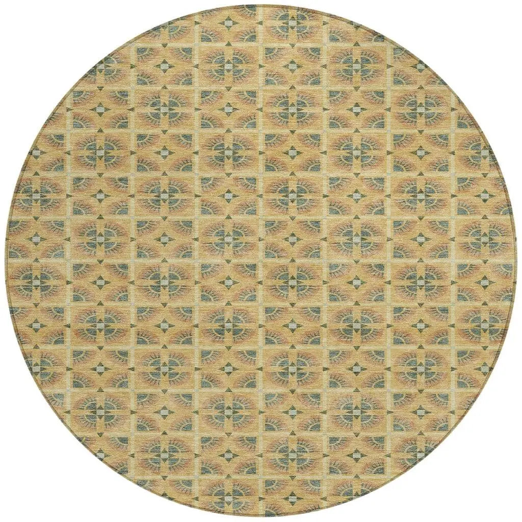 8' Gold And Copper Round Geometric Washable Indoor Outdoor Area Rug Homeroots Outdoor