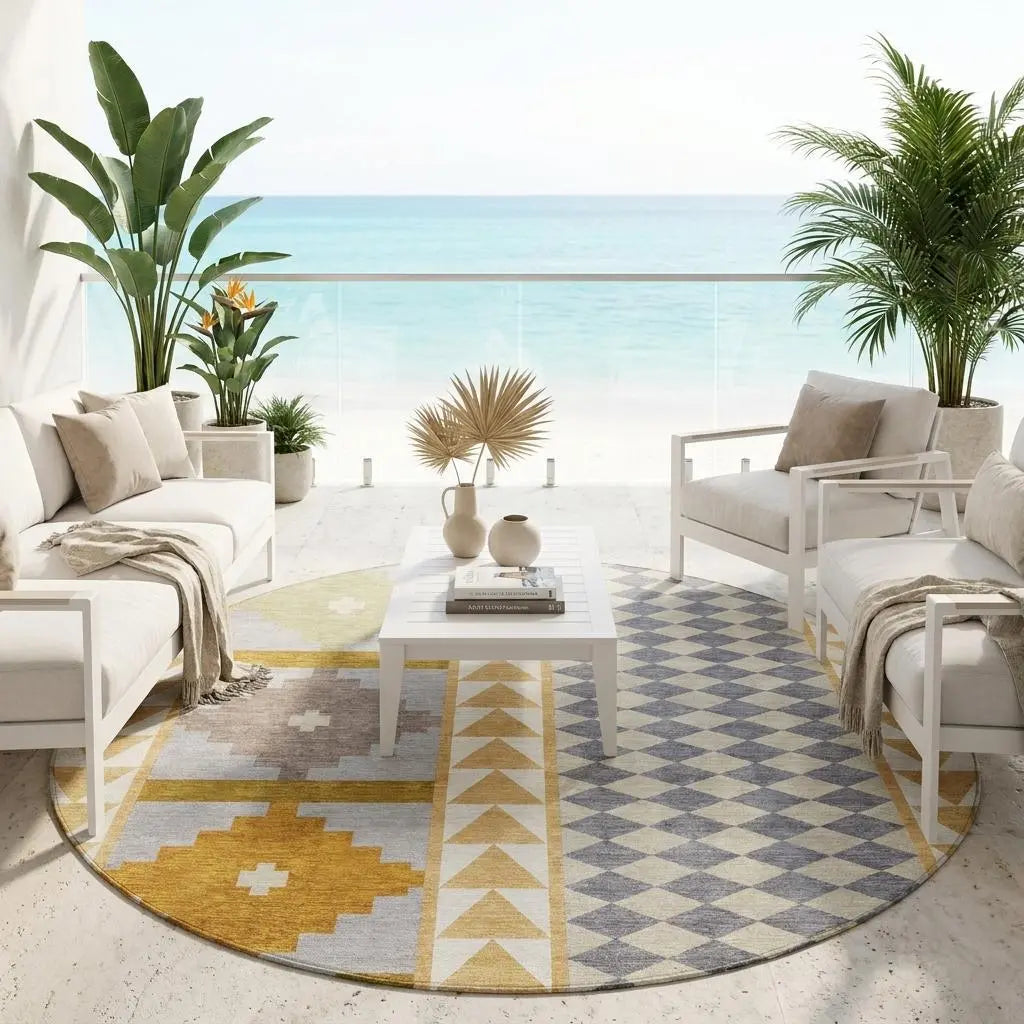 8' Gold And Copper Round Southwestern Washable Indoor Outdoor Area Rug Homeroots Outdoor