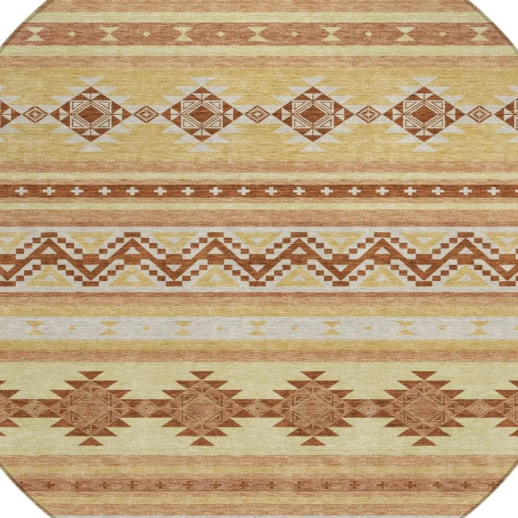 8' Gold And Copper Round Southwestern Washable Indoor Outdoor Area Rug Homeroots Outdoor