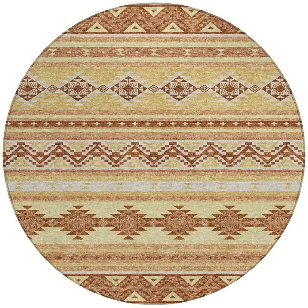 8' Gold And Copper Round Southwestern Washable Indoor Outdoor Area Rug Homeroots Outdoor