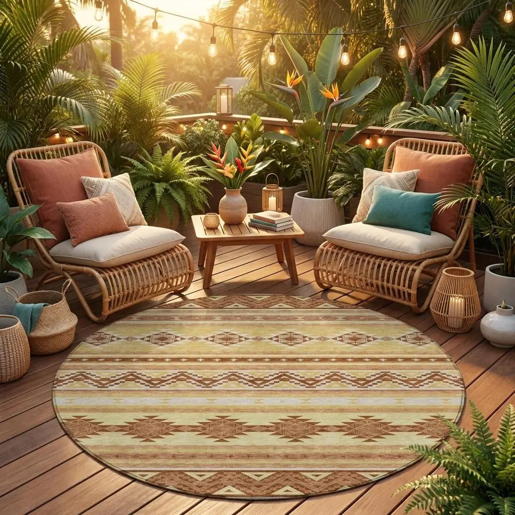 8' Gold And Copper Round Southwestern Washable Indoor Outdoor Area Rug Homeroots Outdoor