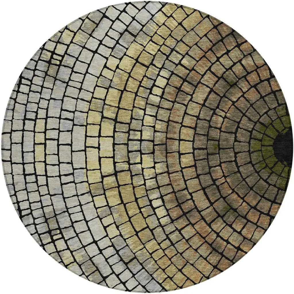 8' Gold And Gray Round Geometric Washable Indoor Outdoor Area Rug Homeroots Outdoor