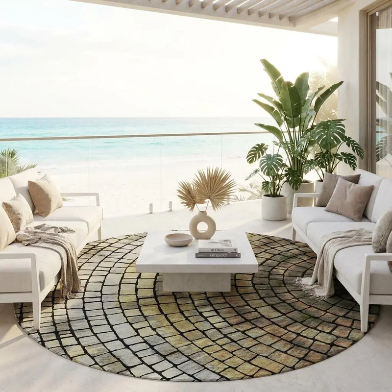 8' Gold And Gray Round Geometric Washable Indoor Outdoor Area Rug Homeroots Outdoor