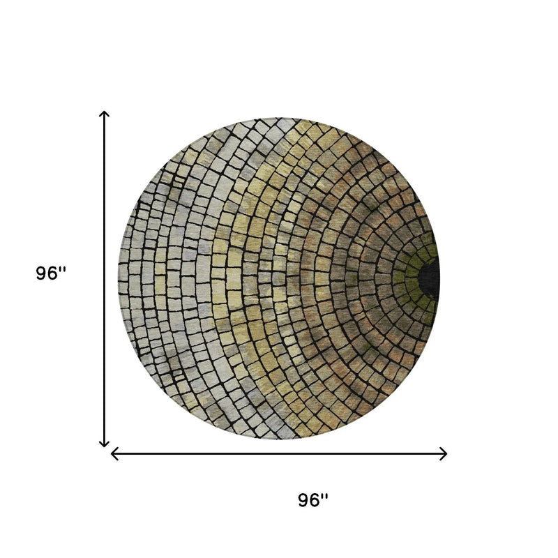 8' Gold And Gray Round Geometric Washable Indoor Outdoor Area Rug Homeroots Outdoor