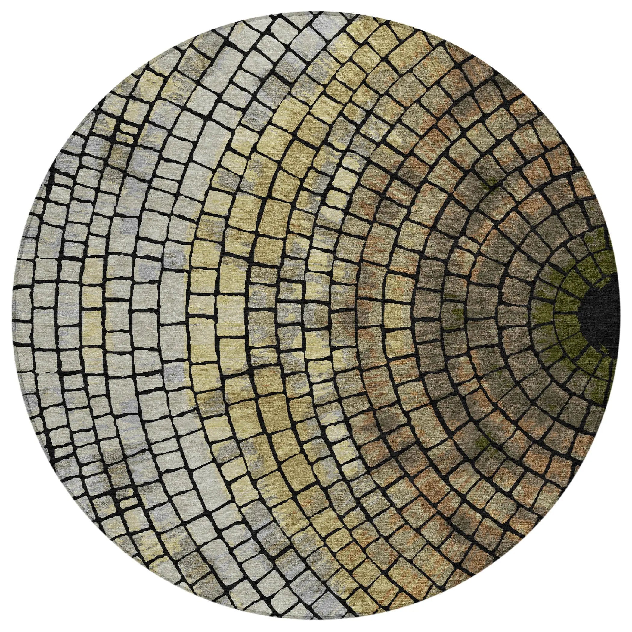 8' Gold And Gray Round Geometric Washable Indoor Outdoor Area Rug Homeroots Outdoor