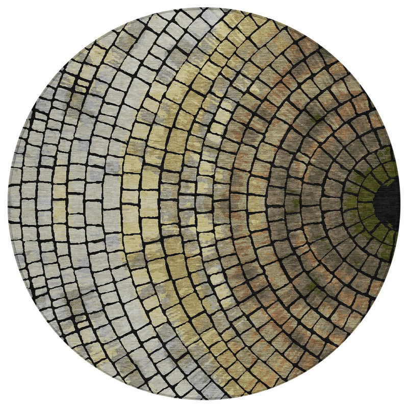 8' Gold And Gray Round Geometric Washable Indoor Outdoor Area Rug Homeroots Outdoor