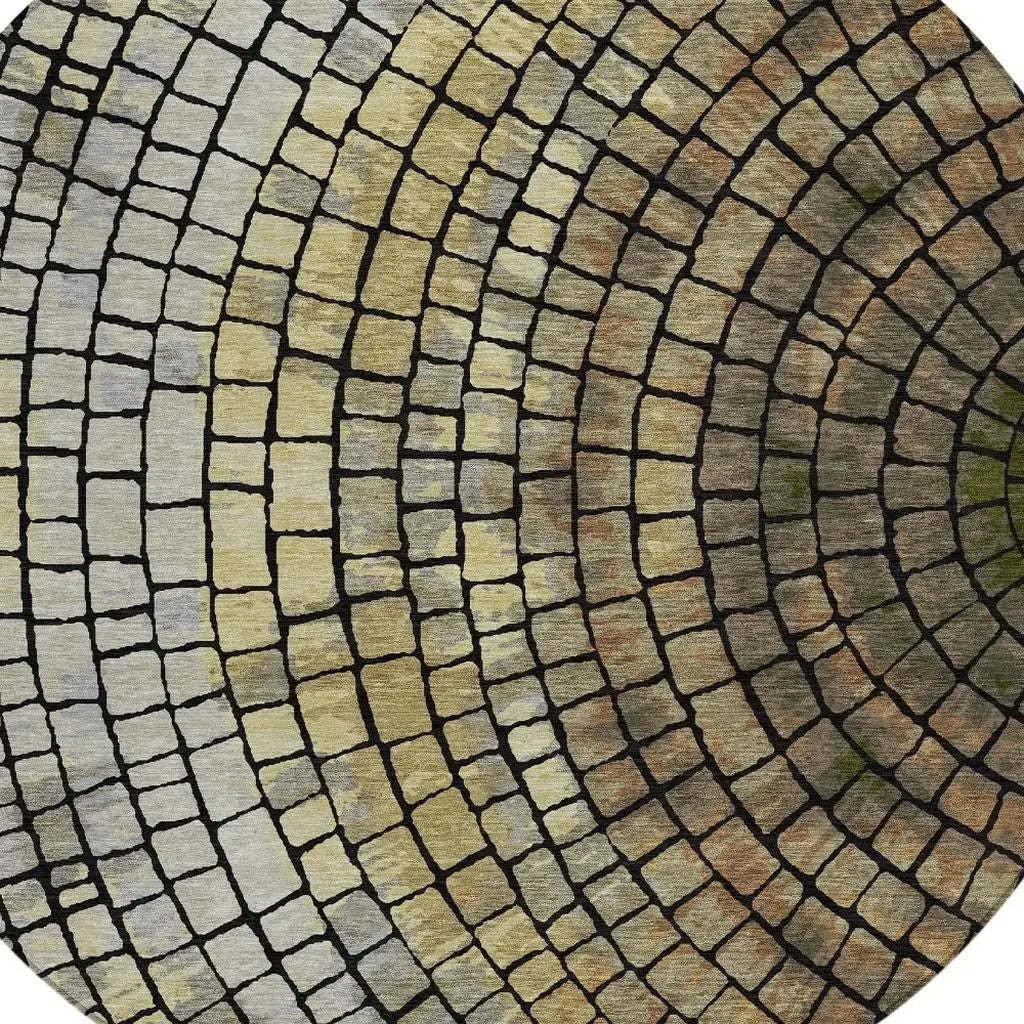 8' Gold And Gray Round Geometric Washable Indoor Outdoor Area Rug Homeroots Outdoor