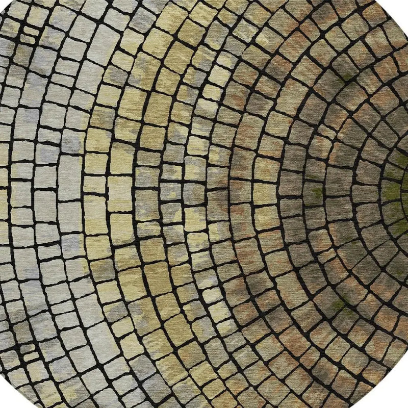 8' Gold And Gray Round Geometric Washable Indoor Outdoor Area Rug Homeroots Outdoor