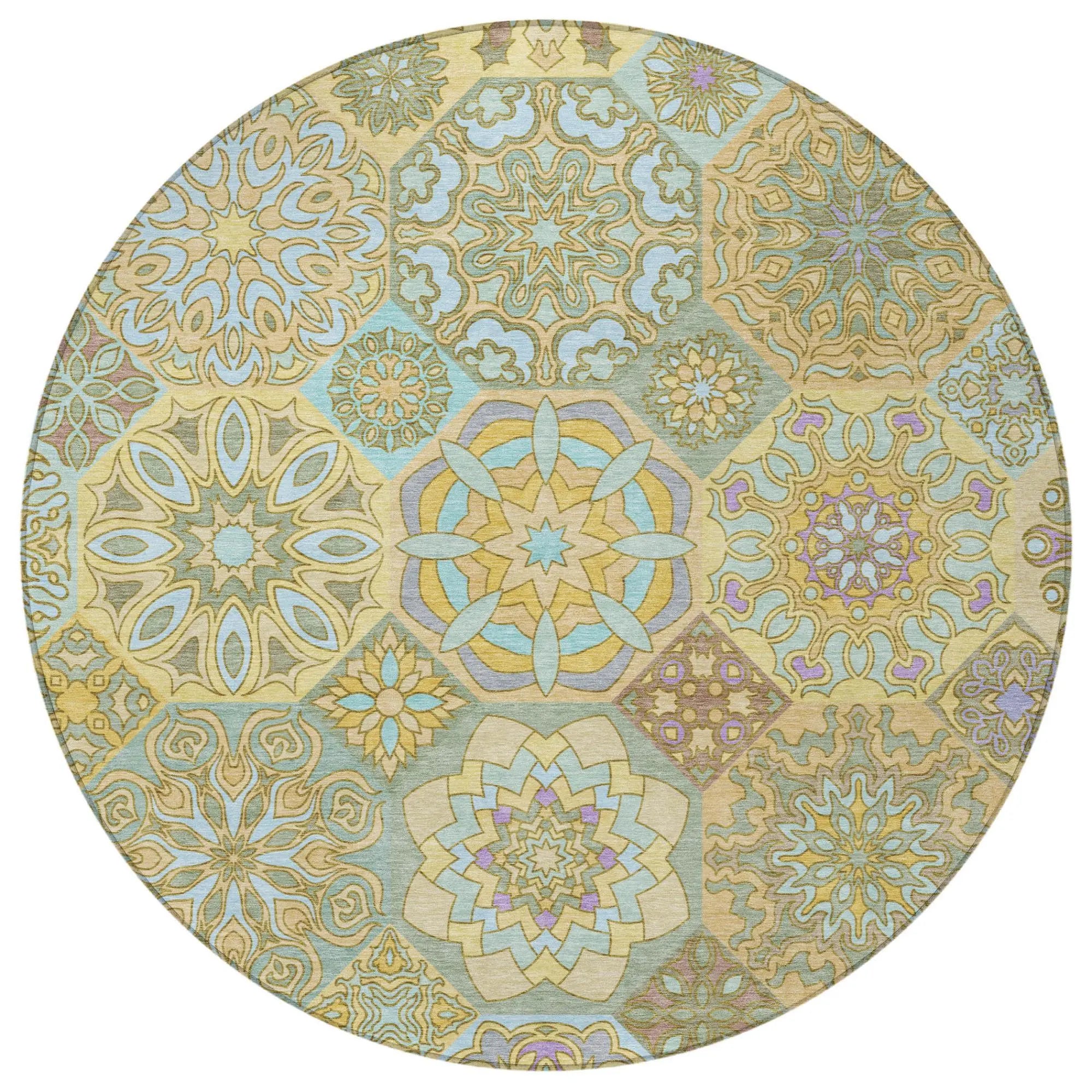 8' Gold And Green Round Patchwork Washable Indoor Outdoor Area Rug Homeroots Outdoor