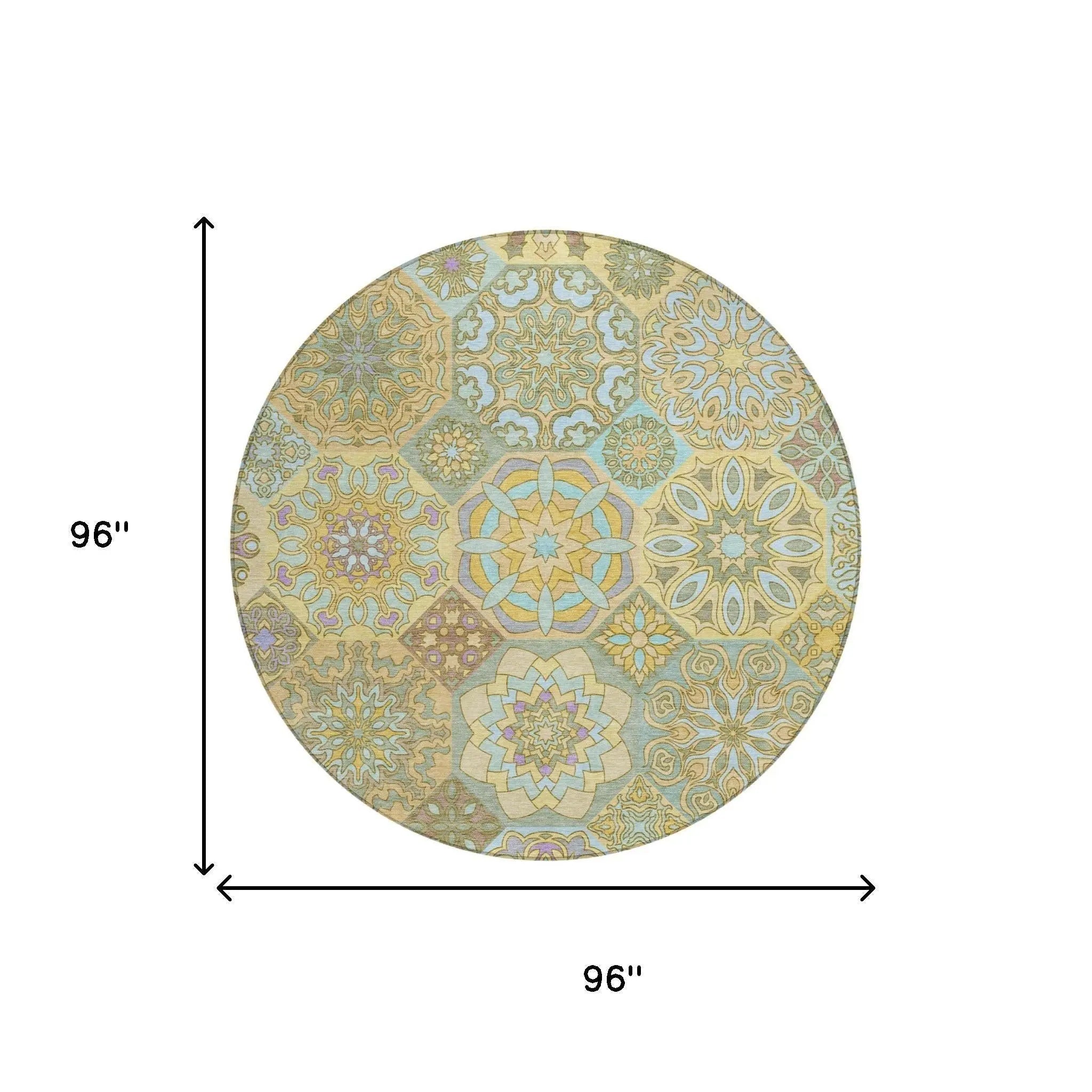 8' Gold And Green Round Patchwork Washable Indoor Outdoor Area Rug Homeroots Outdoor