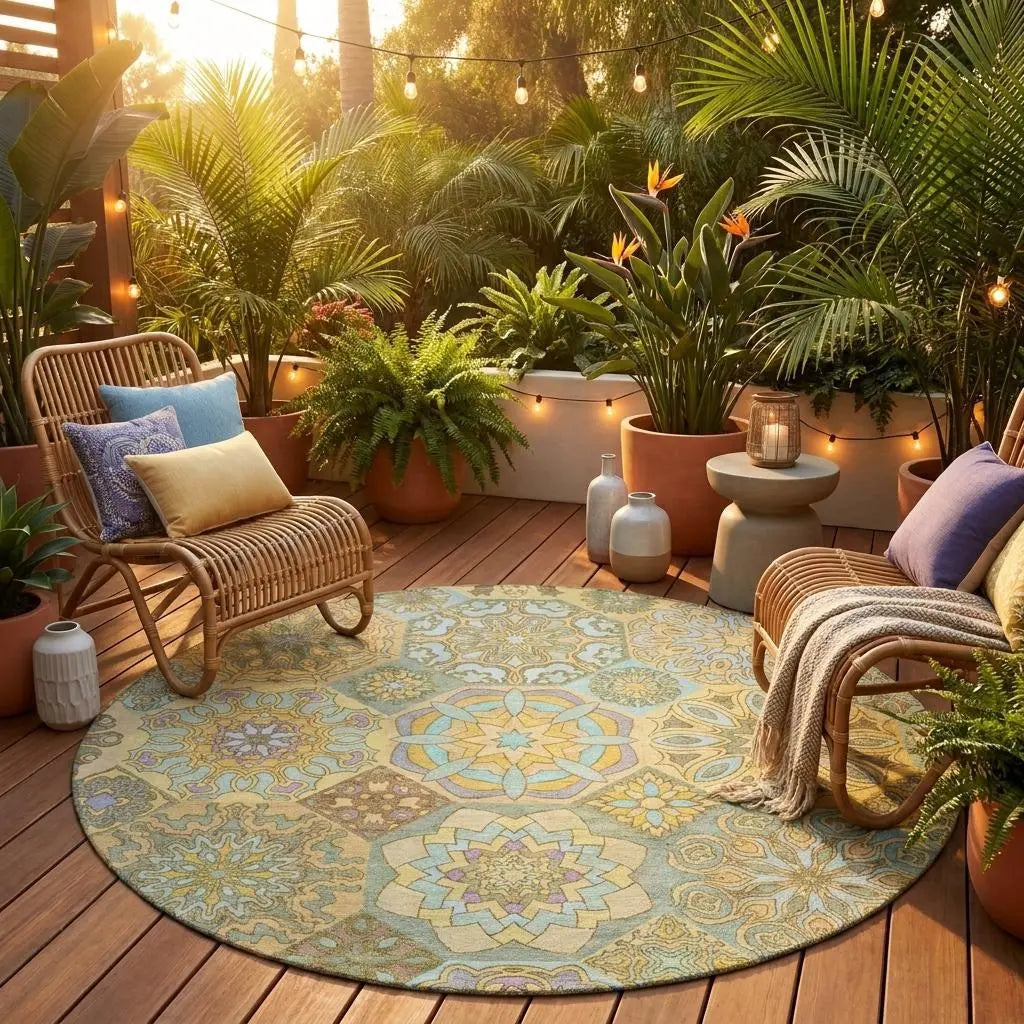 8' Gold And Green Round Patchwork Washable Indoor Outdoor Area Rug Homeroots Outdoor