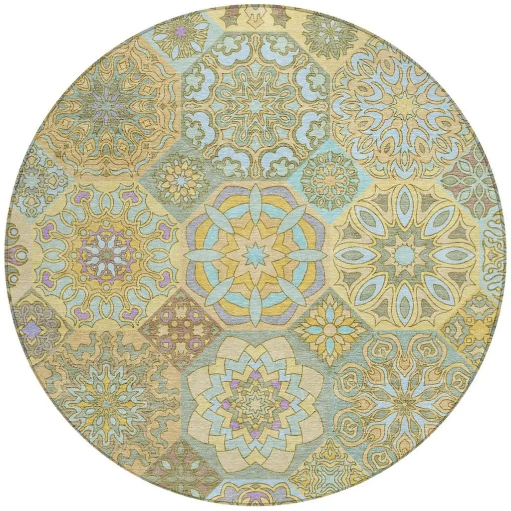 8' Gold And Green Round Patchwork Washable Indoor Outdoor Area Rug Homeroots Outdoor