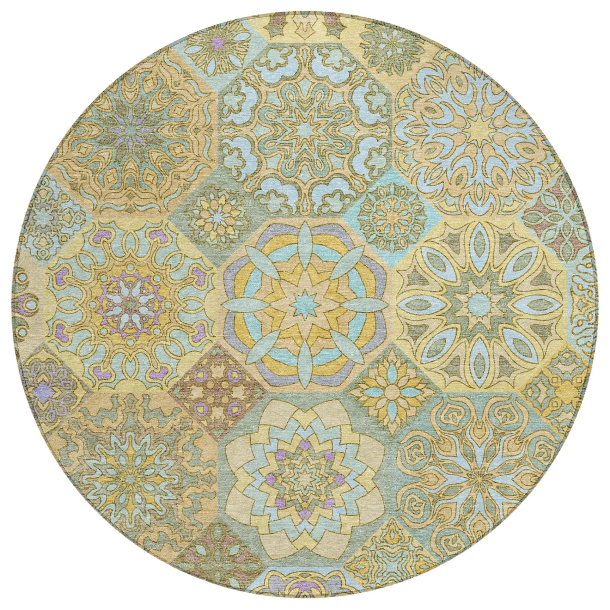 8' Gold And Green Round Patchwork Washable Indoor Outdoor Area Rug Homeroots Outdoor