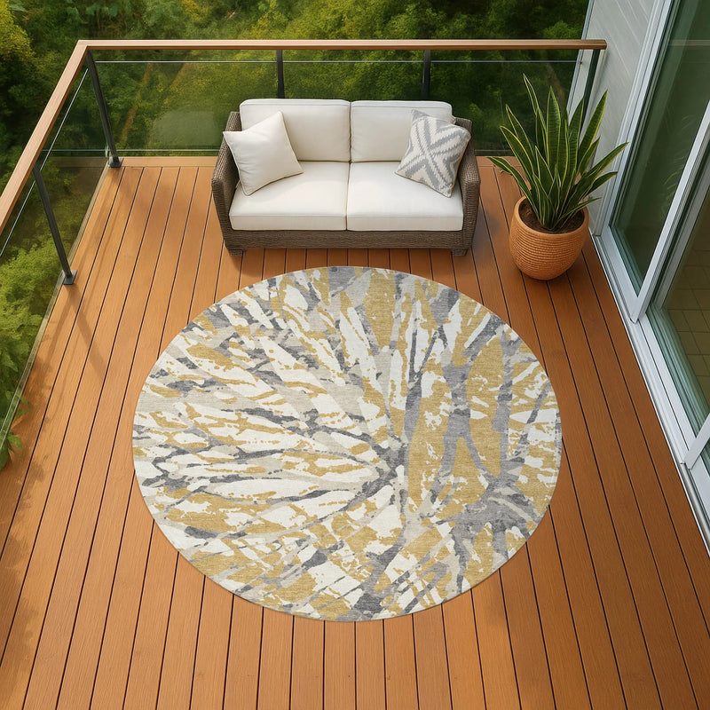 8' Gold And Ivory Round Abstract Washable Indoor Outdoor Area Rug Homeroots Outdoor