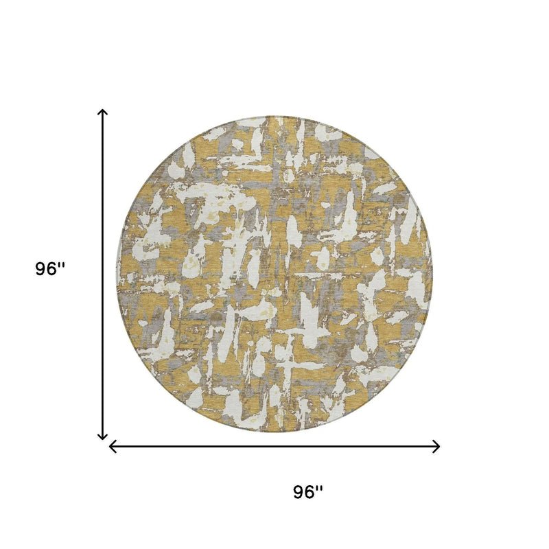 8' Gold And Ivory Round Abstract Washable Indoor Outdoor Area Rug Homeroots Outdoor