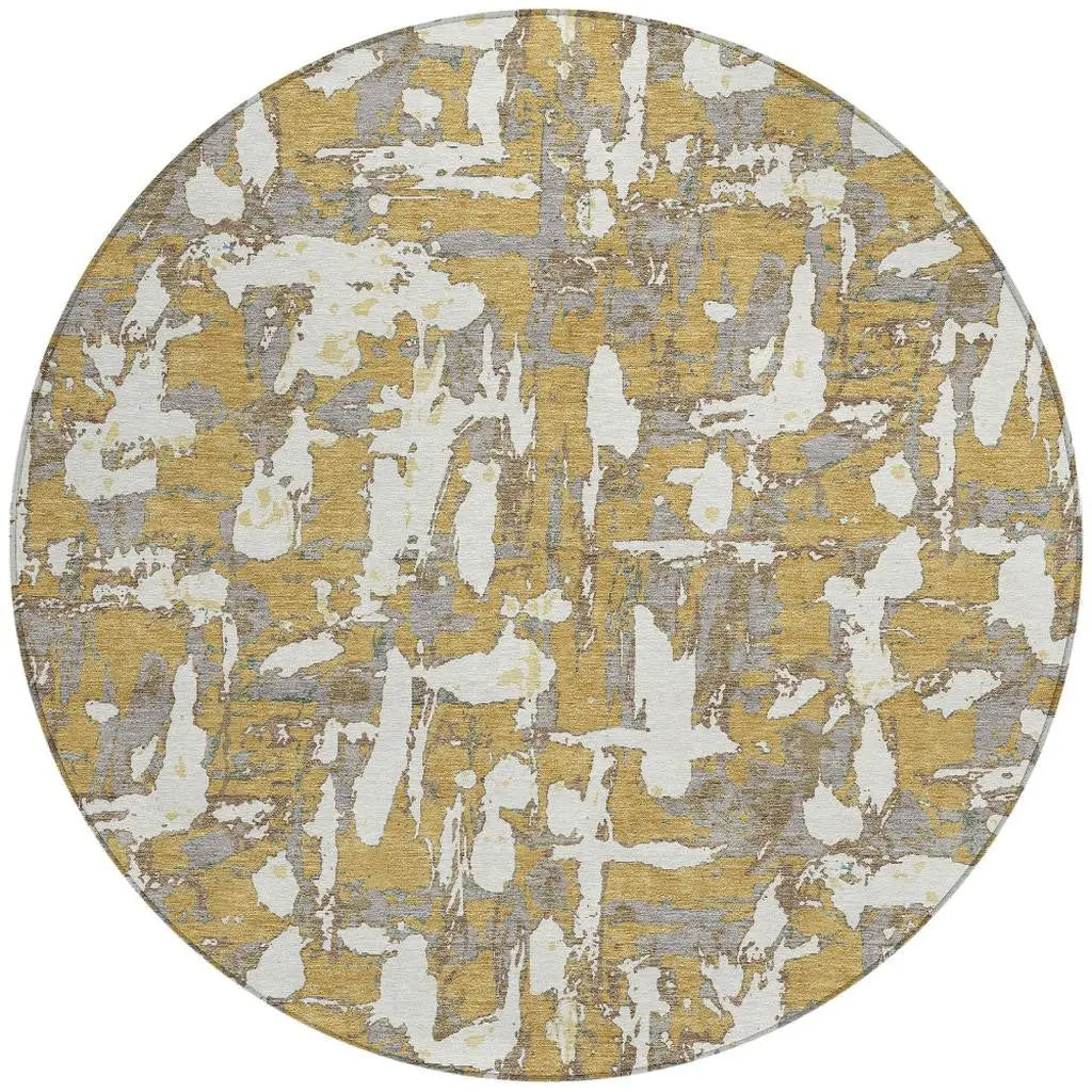 8' Gold And Ivory Round Abstract Washable Indoor Outdoor Area Rug Homeroots Outdoor