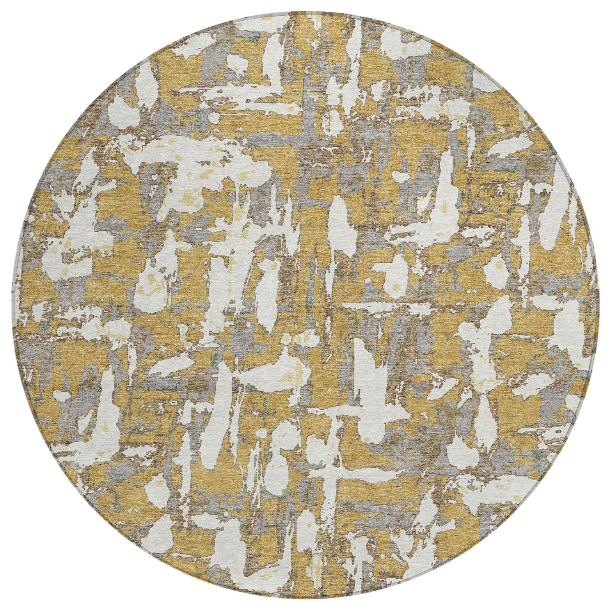 8' Gold And Ivory Round Abstract Washable Indoor Outdoor Area Rug Homeroots Outdoor