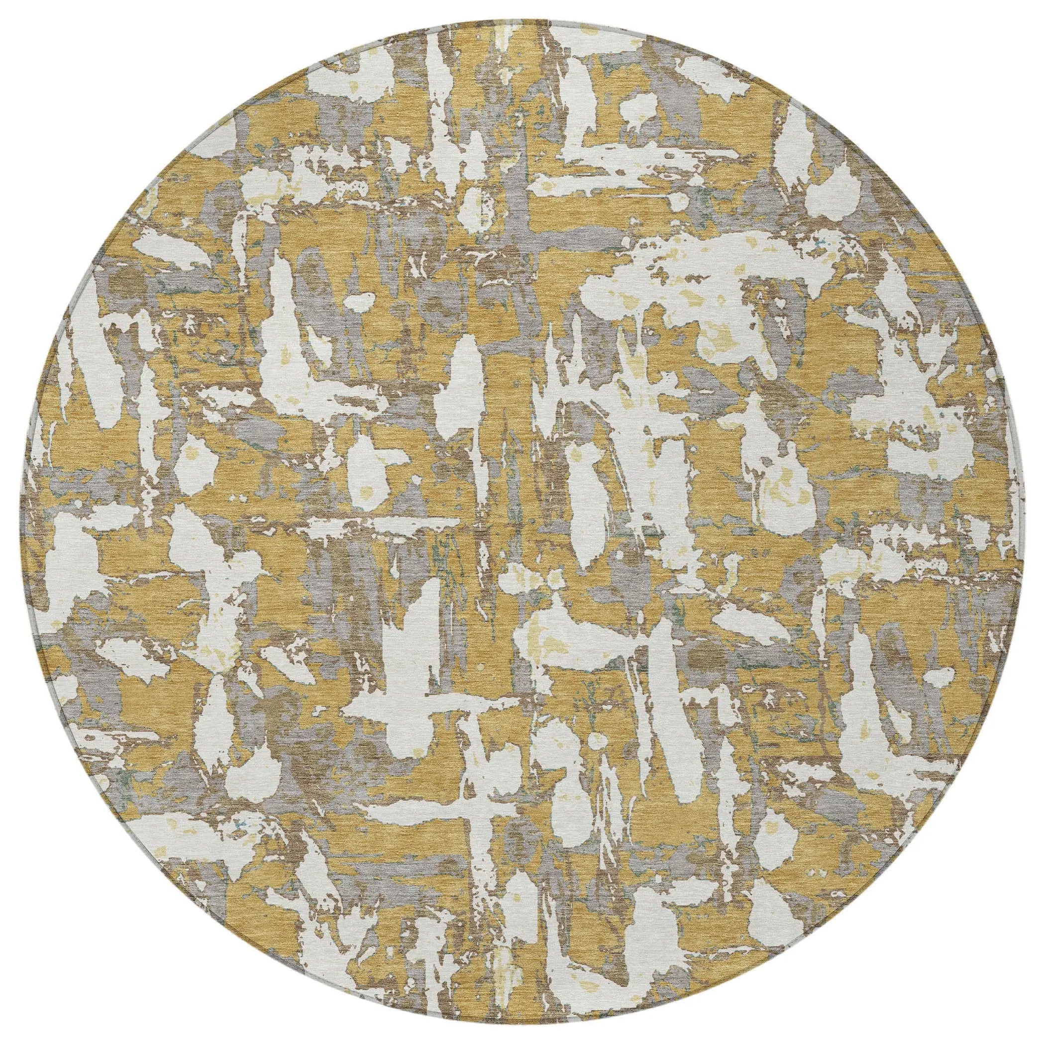 8' Gold And Ivory Round Abstract Washable Indoor Outdoor Area Rug Homeroots Outdoor