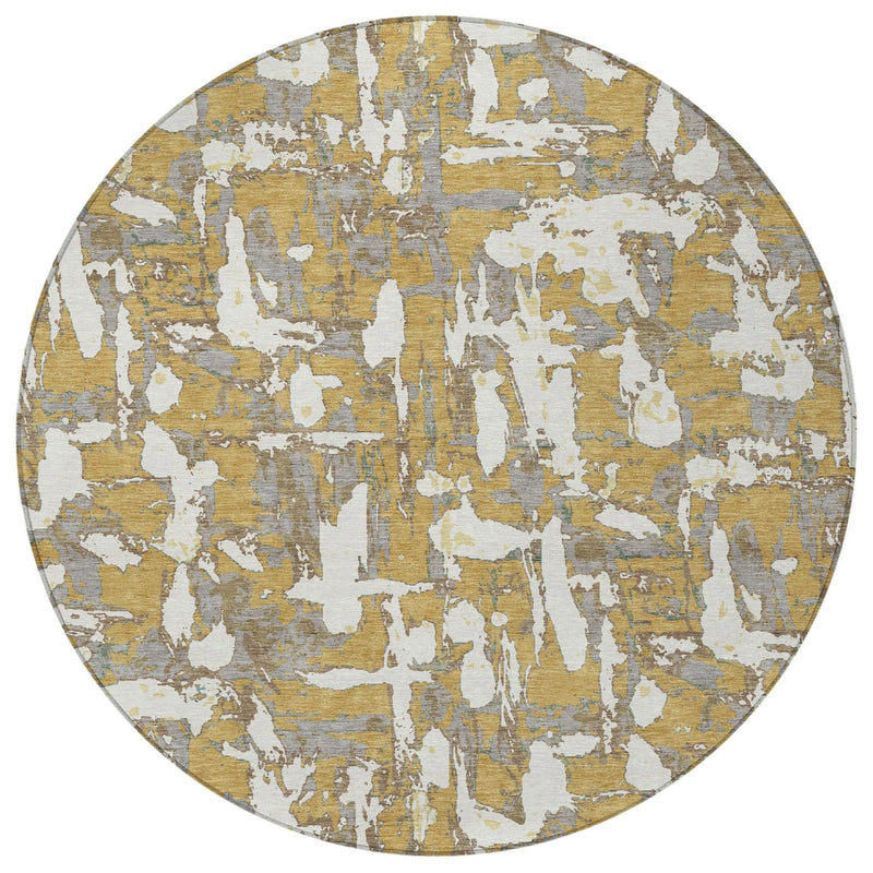 8' Gold And Ivory Round Abstract Washable Indoor Outdoor Area Rug Homeroots Outdoor