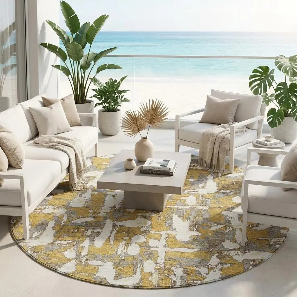 8' Gold And Ivory Round Abstract Washable Indoor Outdoor Area Rug Homeroots Outdoor