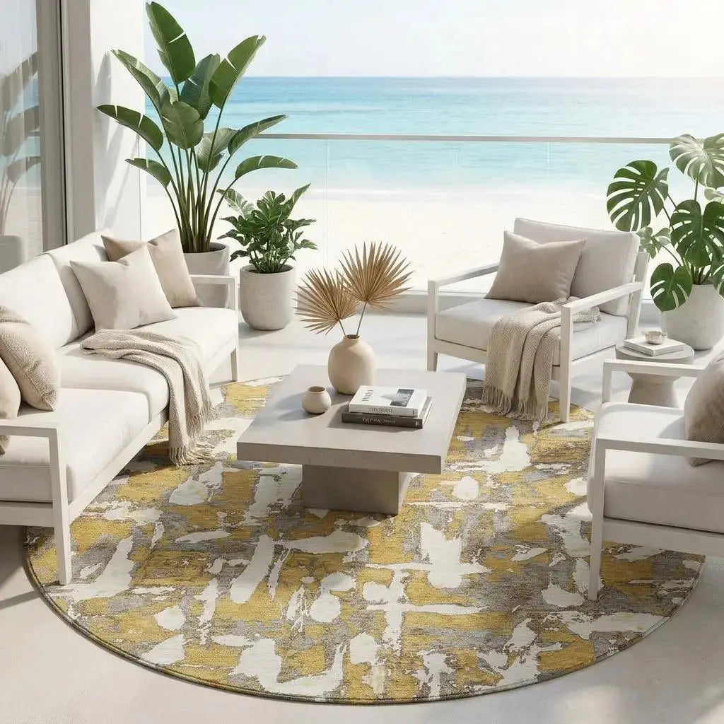 8' Gold And Ivory Round Abstract Washable Indoor Outdoor Area Rug Homeroots Outdoor