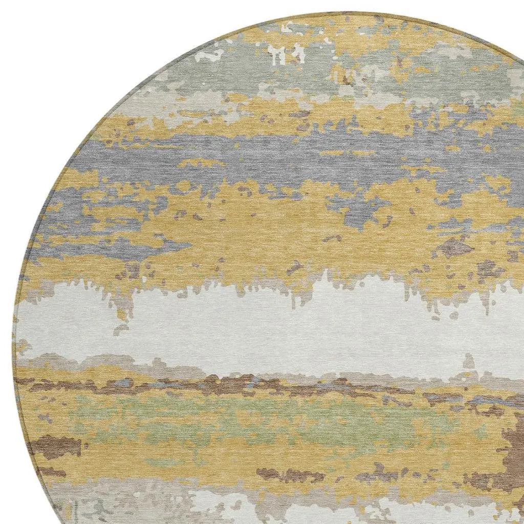 8' Gold And Ivory Round Abstract Washable Indoor Outdoor Area Rug Homeroots Outdoor