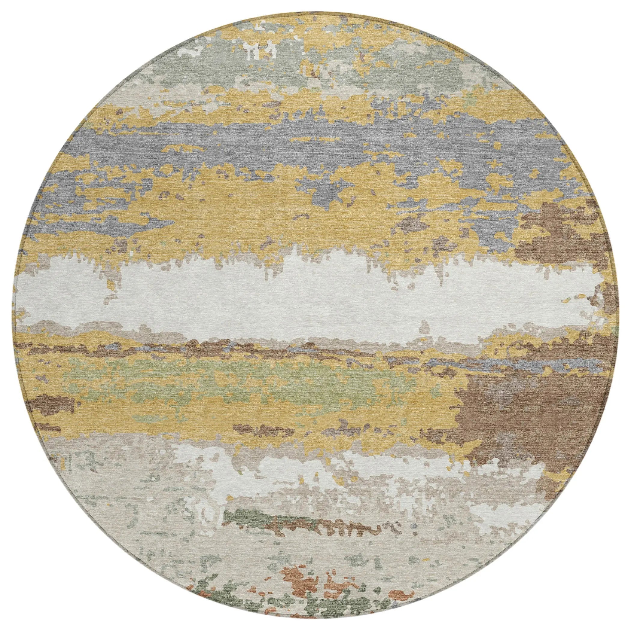 8' Gold And Ivory Round Abstract Washable Indoor Outdoor Area Rug Homeroots Outdoor