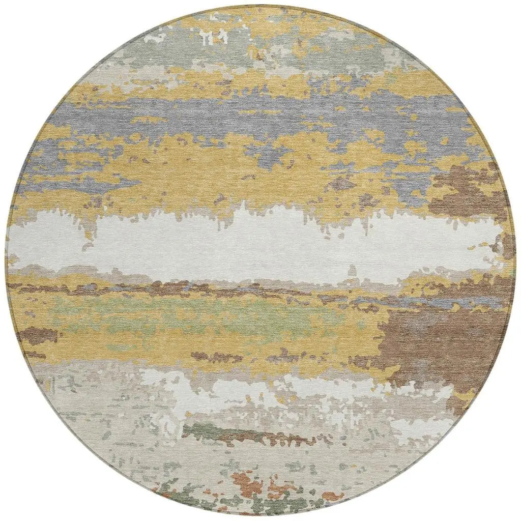 8' Gold And Ivory Round Abstract Washable Indoor Outdoor Area Rug Homeroots Outdoor