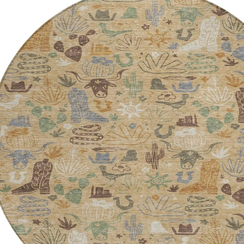 8' Gold And Ivory Round Cactus Washable Indoor Outdoor Area Rug Homeroots Outdoor