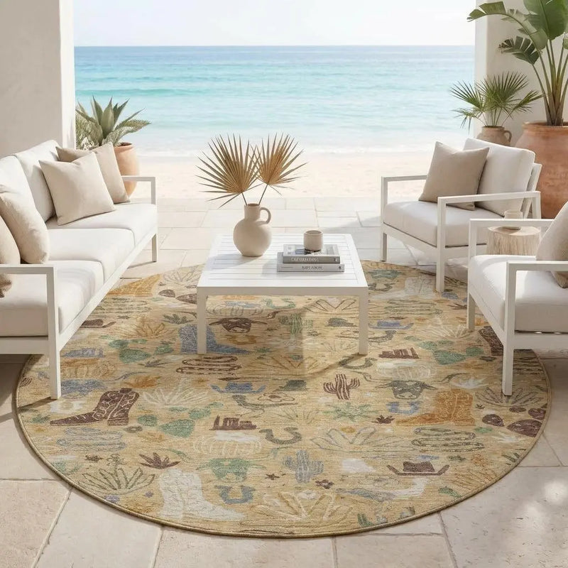 8' Gold And Ivory Round Cactus Washable Indoor Outdoor Area Rug Homeroots Outdoor