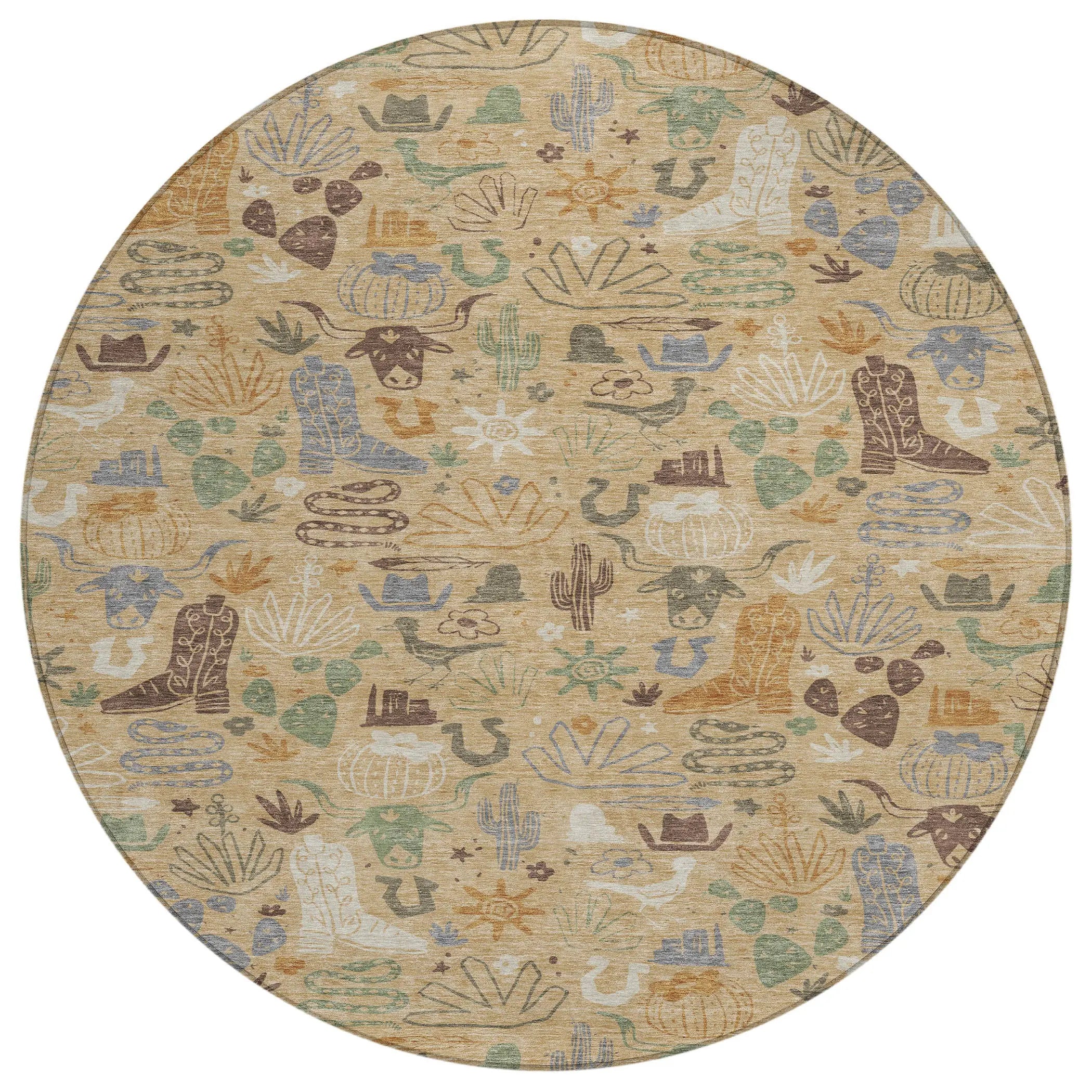8' Gold And Ivory Round Cactus Washable Indoor Outdoor Area Rug Homeroots Outdoor