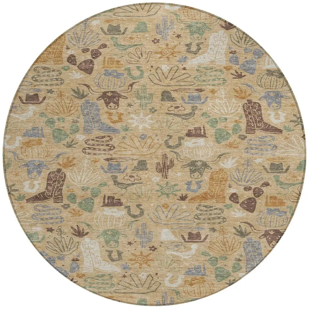 8' Gold And Ivory Round Cactus Washable Indoor Outdoor Area Rug Homeroots Outdoor
