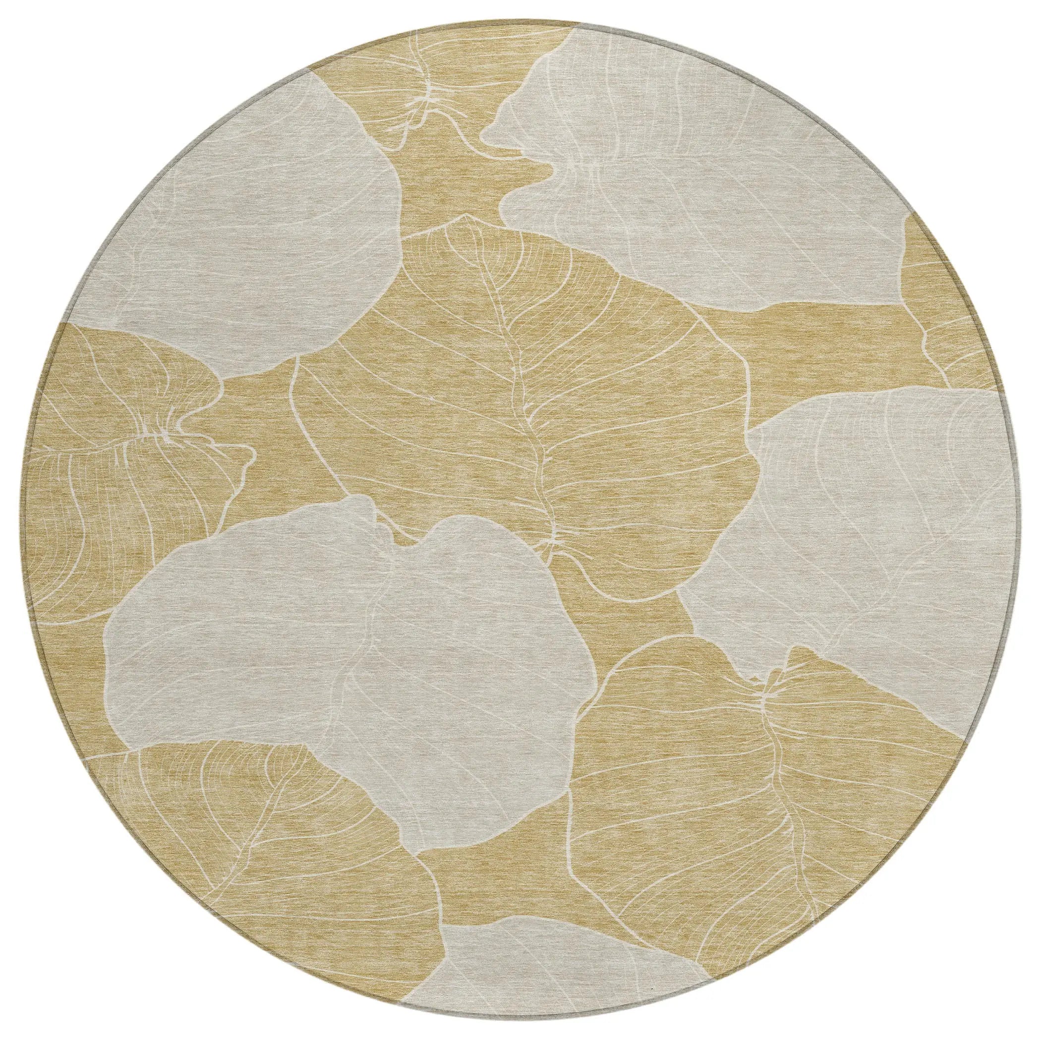 8' Gold And Ivory Round Floral Washable Indoor Outdoor Area Rug Homeroots Outdoor
