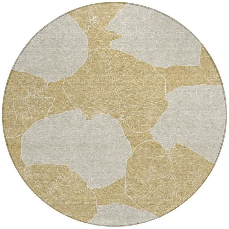 8' Gold And Ivory Round Floral Washable Indoor Outdoor Area Rug Homeroots Outdoor