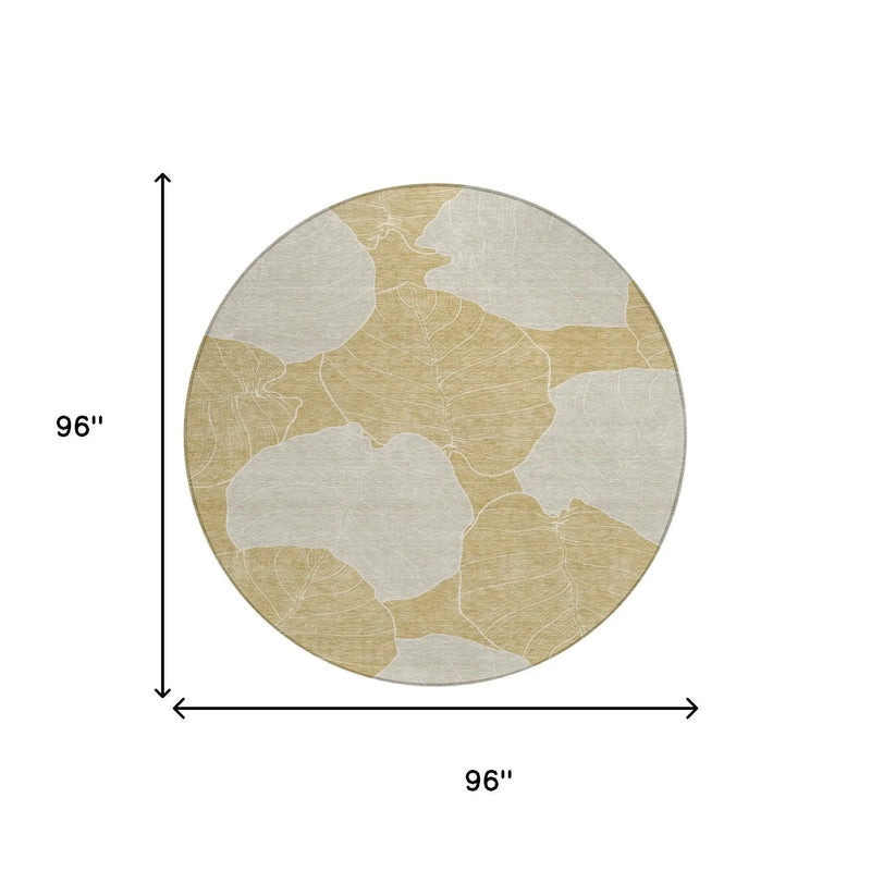 8' Gold And Ivory Round Floral Washable Indoor Outdoor Area Rug Homeroots Outdoor