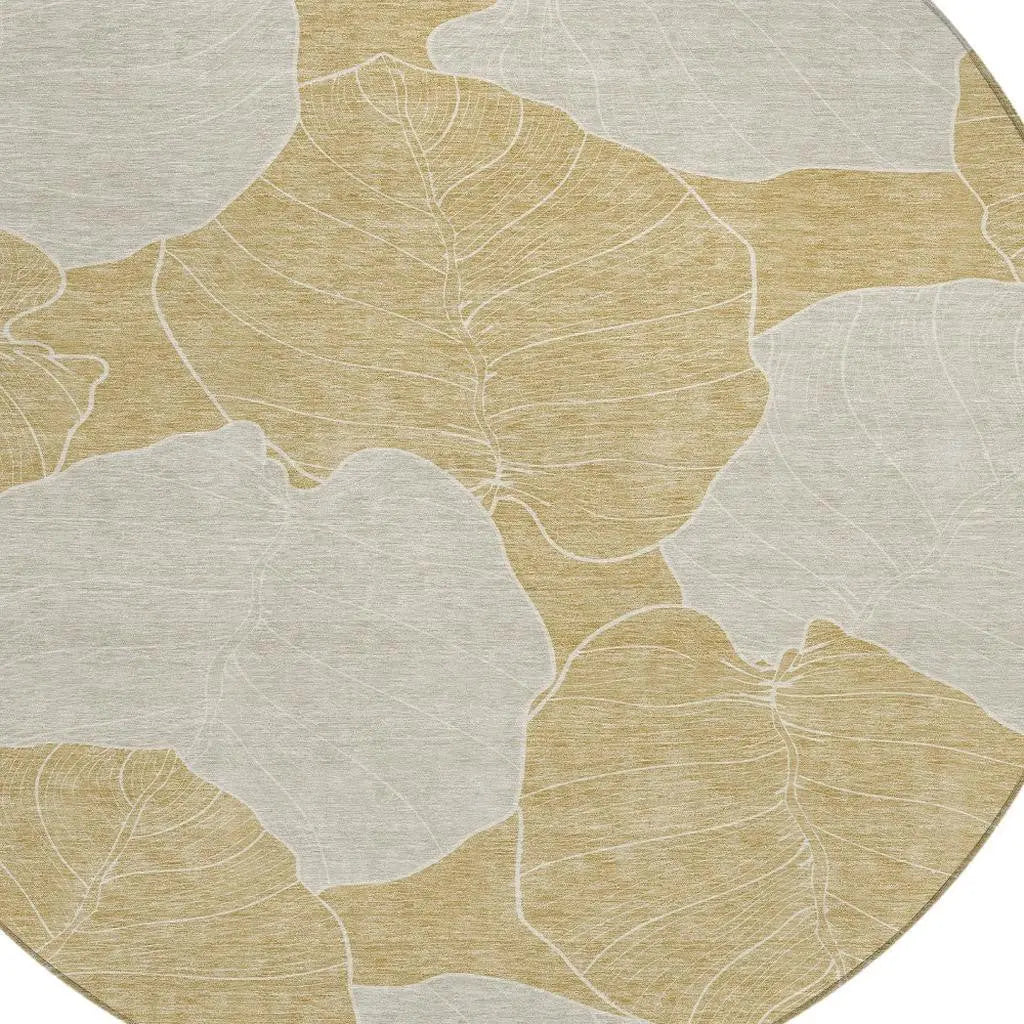8' Gold And Ivory Round Floral Washable Indoor Outdoor Area Rug Homeroots Outdoor