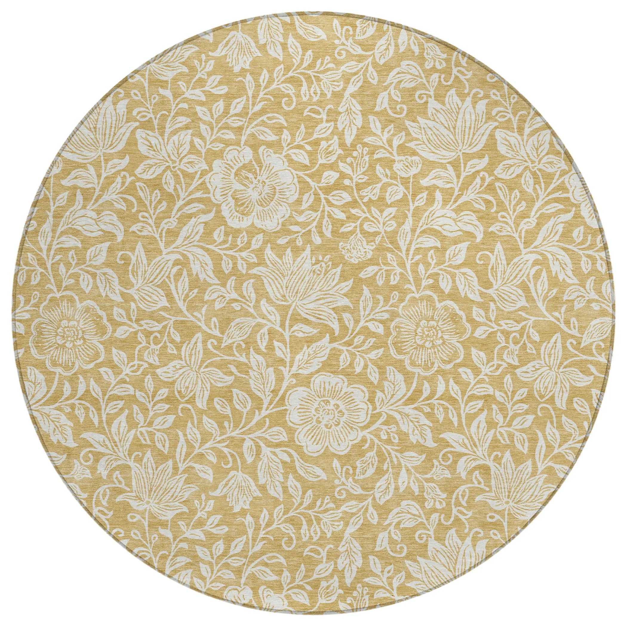 8' Gold And Ivory Round Floral Washable Indoor Outdoor Area Rug Homeroots Outdoor