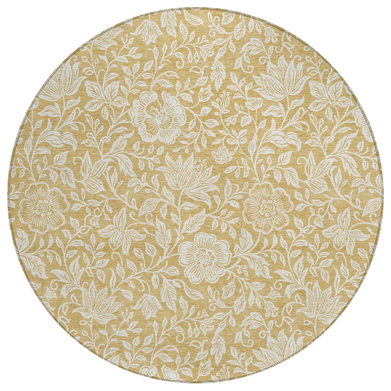 8' Gold And Ivory Round Floral Washable Indoor Outdoor Area Rug Homeroots Outdoor