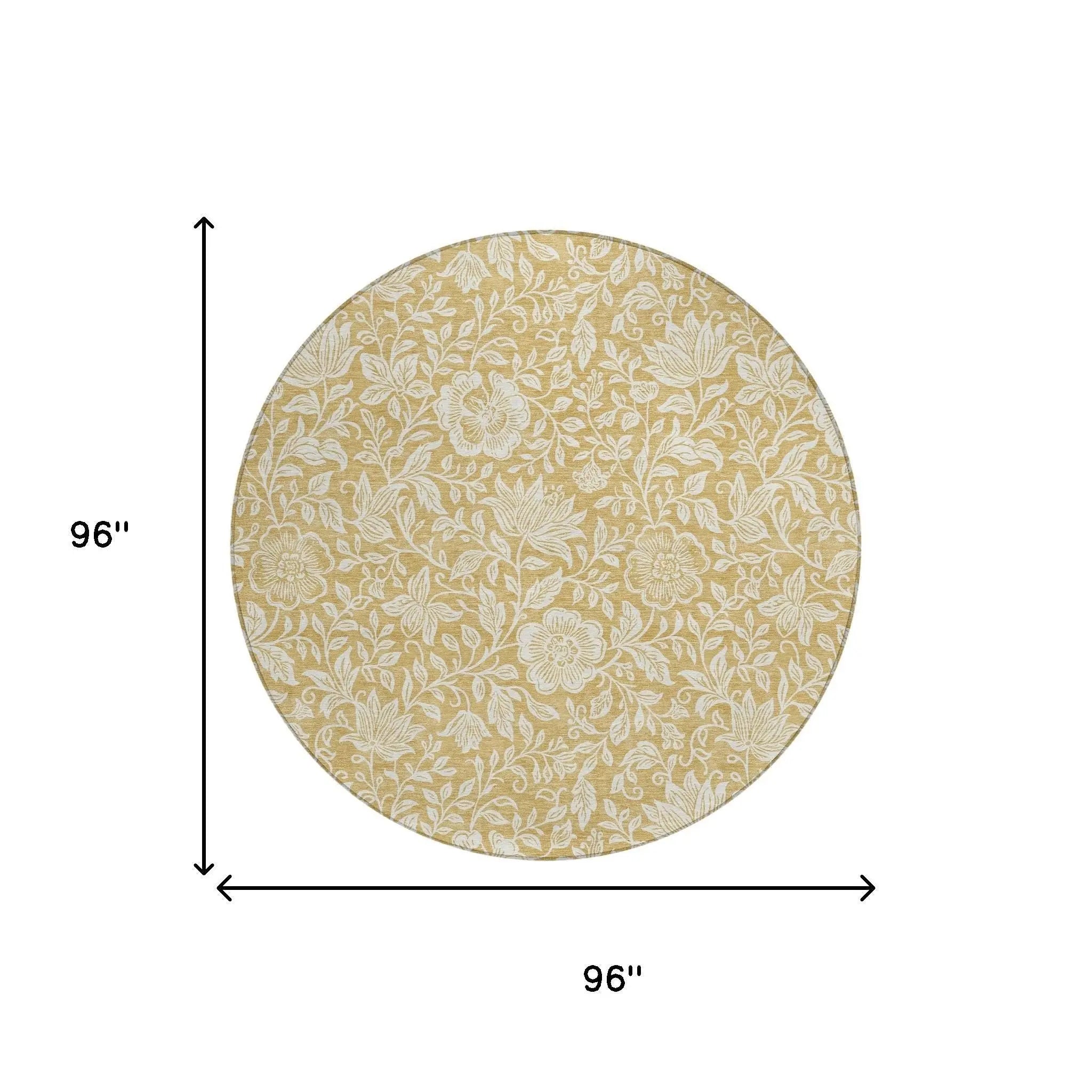 8' Gold And Ivory Round Floral Washable Indoor Outdoor Area Rug Homeroots Outdoor