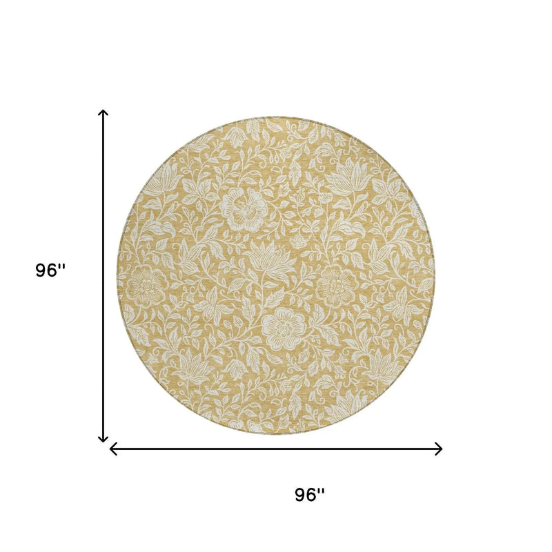 8' Gold And Ivory Round Floral Washable Indoor Outdoor Area Rug Homeroots Outdoor