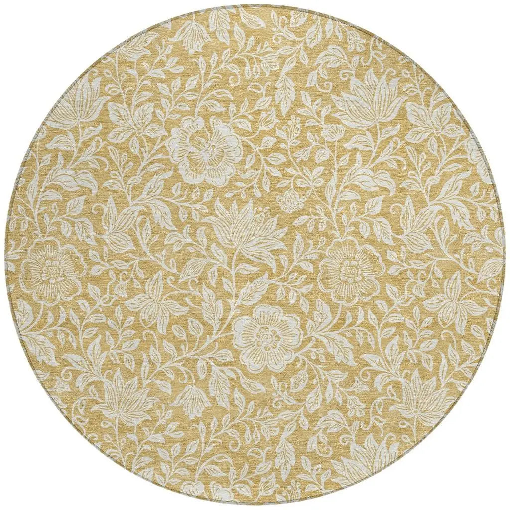 8' Gold And Ivory Round Floral Washable Indoor Outdoor Area Rug Homeroots Outdoor