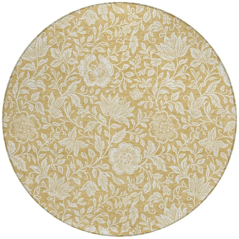 8' Gold And Ivory Round Floral Washable Indoor Outdoor Area Rug Homeroots Outdoor