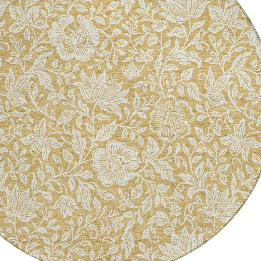 8' Gold And Ivory Round Floral Washable Indoor Outdoor Area Rug Homeroots Outdoor