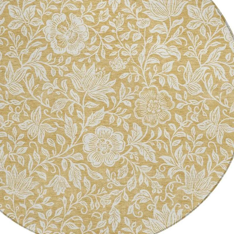 8' Gold And Ivory Round Floral Washable Indoor Outdoor Area Rug Homeroots Outdoor